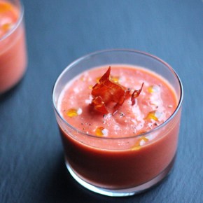 Spanish supper: Salmorejo (chilled tomato soup) with crispy jamón&nbsp;serrano